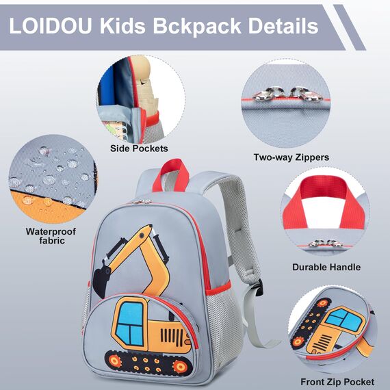 LOIDOU Kinderrucksack Jungen Kinder Rucksack Tagesrucksack Vorschulrucksack Kleinkind Kindergartentasche Schulrucksack für Schule die Kita (Hellgrau)