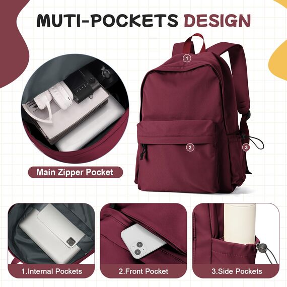 HYC00 Schulrucksack Damen, Causal Travel Schultaschen 14 Zoll Laptop Rucksack für Mädchen im Teenageralter Leichter Rucksack Wasserabweisend Bookbag College Boys Men Work Daypack,Rot