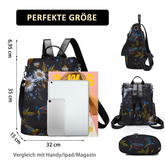 Fmeida Rucksack Damen Anti Diebstahl Nylon Handtaschen Wasserdichte 2 in 1 Schultertasche Casual Daypack Klein Reiserucksack für Frauen Mädchen, Kolibri Muster & Schwarze