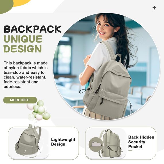HYC00 Schulrucksack Damen, Causal Travel Schultaschen 14 Zoll Laptop Rucksack für Mädchen im Teenageralter Leichter Rucksack Wasserabweisend Bookbag College Boys Men Work Daypack,Grün