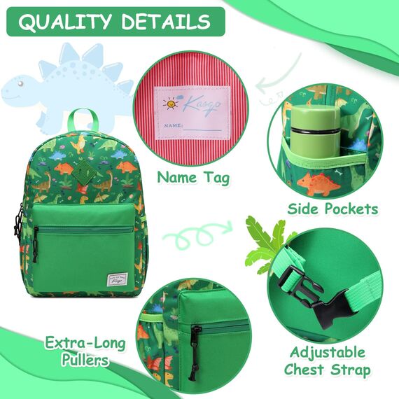 Kasgo Kinderrucksack Jungen, Niedlich Schulrucksack für 6-8 Jährige Mädchen Wasserabweisend Tagesrucksack Vorschulrucksack Kindergartentasche mit Brustgurt Dinosaurier Grün