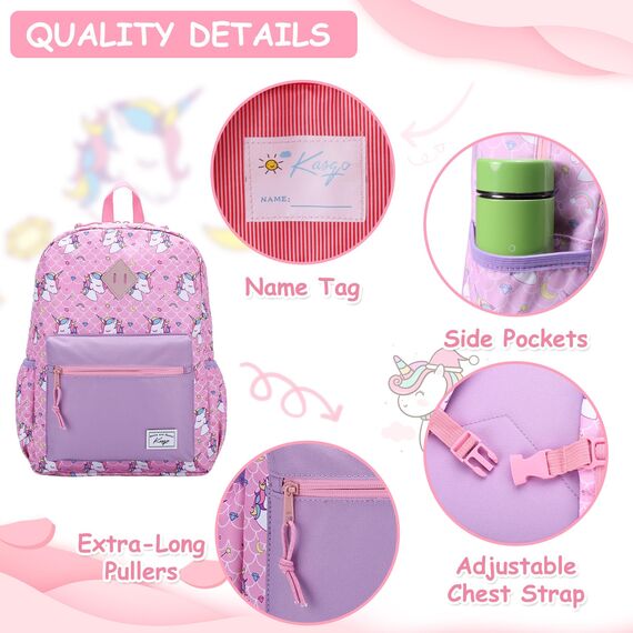 Kasgo Kinderrucksack Jungen, Niedlich Schulrucksack für 6-8 Jährige Mädchen Wasserabweisend Tagesrucksack Vorschulrucksack Kindergartentasche mit Brustgurt Einhorn Rosa