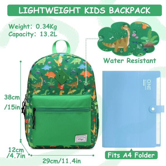 Kasgo Kinderrucksack Jungen, Niedlich Schulrucksack für 6-8 Jährige Mädchen Wasserabweisend Tagesrucksack Vorschulrucksack Kindergartentasche mit Brustgurt Dinosaurier Grün