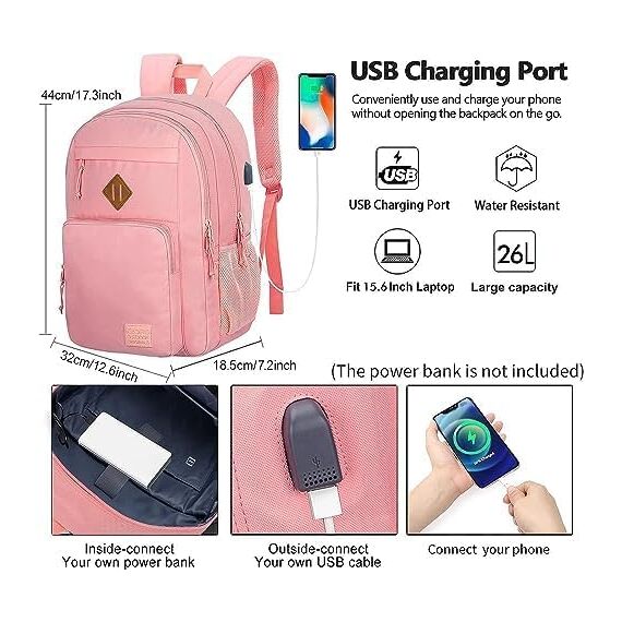 KEOFID Laptop Rucksack für Herren Damen, Großer Schulrucksack für Jungen, Mädchen und Teenager, Anti-Diebstahl Computer Rucksack, 15,6 Zoll Laptop, Handgepäck Rucksack(Rosa)