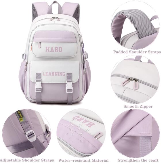 KESUDE Schulrucksack Mädchen Teenager, Groß Schul Rucksack Multi-Tasche Wasserdicht Schulranzen Rucksack Daypacks Backpack School bag Schultasche für Mädchen Damen, Weiß Lila