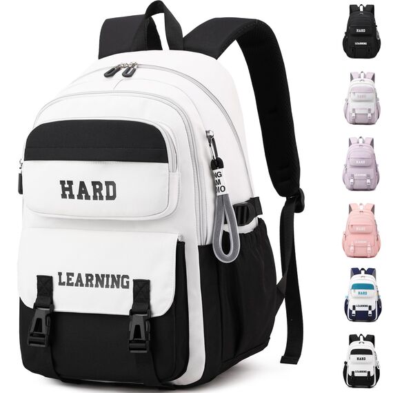 KESUDE Schulrucksack Mädchen Teenager Rucksack Schule, Schultasche Jungen Multi-Tasche Wasserdicht Schulranzen Rucksack Daypacks Groß Backpack für Mädchen Damen School Bag, Weiß Schwarz