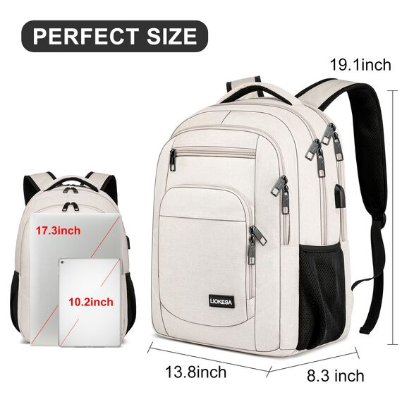 Liokesa Rucksack Herren, 15,6 Zoll Wasserdichte Schulrucksack Jungen Teenager für Schule, Arbeit Rucksack mit USB-Ladeanschluss, für Wandern Reisen, Schule, Business, Oxford, Beige
