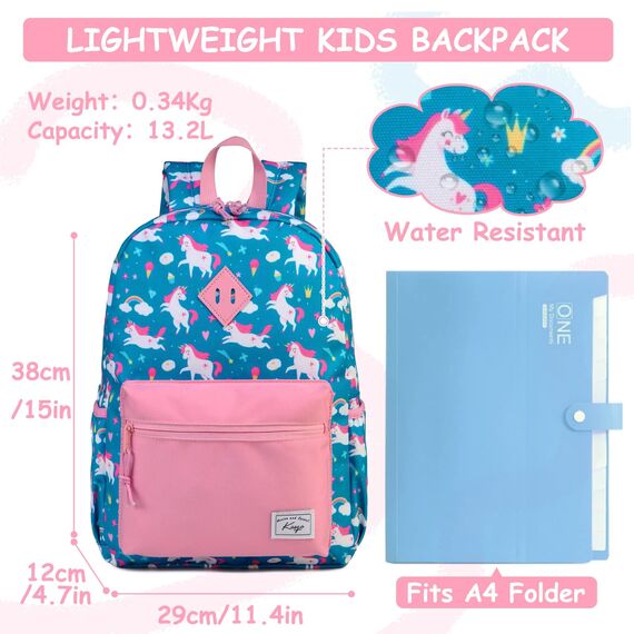 Kasgo Kinderrucksack Jungen, Niedlich Schulrucksack für 6-8 Jährige Mädchen Wasserabweisend Tagesrucksack Vorschulrucksack Kindergartentasche mit Brustgurt Blau Einhorn