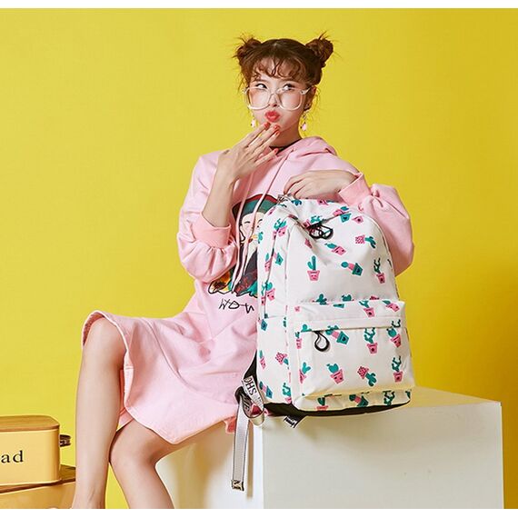 Joymoze Klassischer Einfarbiger Wasserdichter Schulrucksack für Teenager Retro Freizeit Rucksack (Beige Kakteen)