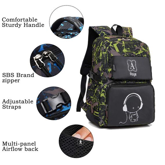 Asge Rucksack Jungen Schulrucksack Teenager Jugendliche Coole Schule Daypacks Kinder Reflektierender Schultasche Outdoor Camping Groß Schulranzen Wasserdicht Ranzen Schultertaschen set