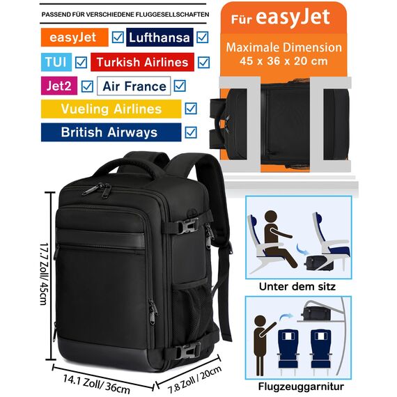 KLOSTAIN für Easyjet Handgepäck 45x36x20 Handgepäck Rucksack Reiserucksack Flugzeug Tasche 30L mit Laptop Rucksack 15.6 Zoll für Herren Damen Teenager Schulrucksack Jungen,Schwarz
