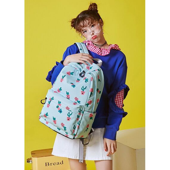 Joymoze Klassischer Einfarbiger Wasserdichter Schulrucksack für Teenager Retro Freizeit Rucksack (Blaue Kakteen)