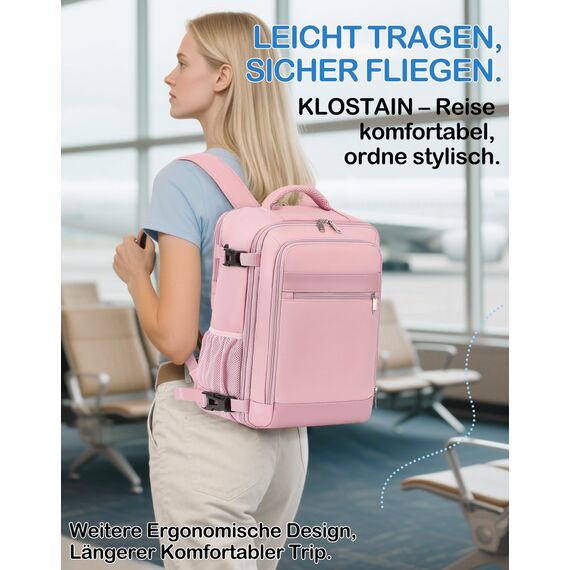 KLOSTAIN Handgepäck Rucksack 40x20x25 für Ryanair Klein Flugzeug Reiserucksack Tasche 20L Mit 14 Zoll Laptop Eurowings für Damen Herren Teenager Schulrucksack, Rosa
