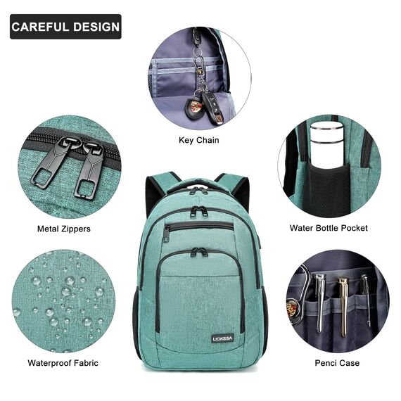 Liokesa Rucksack Herren, 15,6 Zoll Wasserdichte Schulrucksack Jungen Teenager für Schule, Arbeit Rucksack mit USB-Ladeanschluss, für Wandern Reisen, Schule, Business, Oxford,Grün