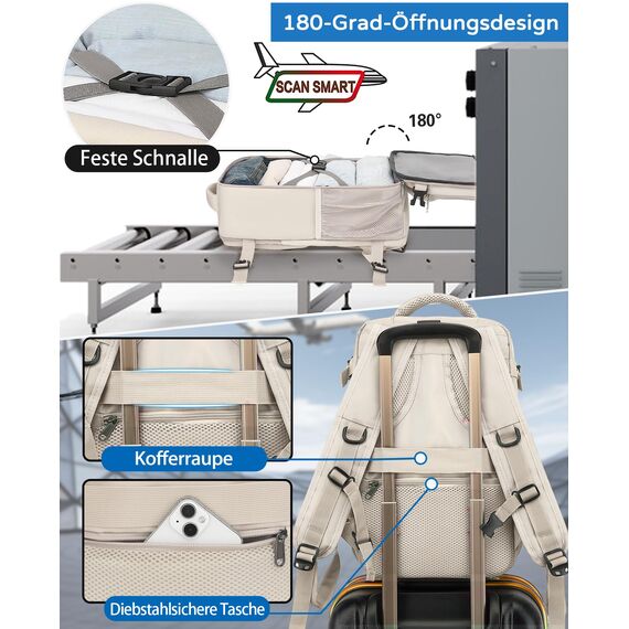 KLOSTAIN für Easyjet Handgepäck 45x36x20 Handgepäck Rucksack Reiserucksack Flugzeug Tasche 30L mit Laptop Rucksack 15.6 Zoll für Herren Damen Teenager Schulrucksack Jungen, Beige
