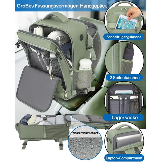 KLOSTAIN Handgepäck Rucksack 40x20x25 für Ryanair Klein Flugzeug Reiserucksack Tasche 20L Mit 14 Zoll Laptop Eurowings für Damen Herren Teenager Schulrucksack, Grün