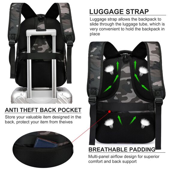 Liokesa Rucksack Herren, 15,6 Zoll Rucksack Herren Laptop, Schulrucksack Jungen Teenager mit USB Ladeanschluss für die Business Arbeit Rucksack, für Uni Reisen, Arbeit, Schule, Tarnung