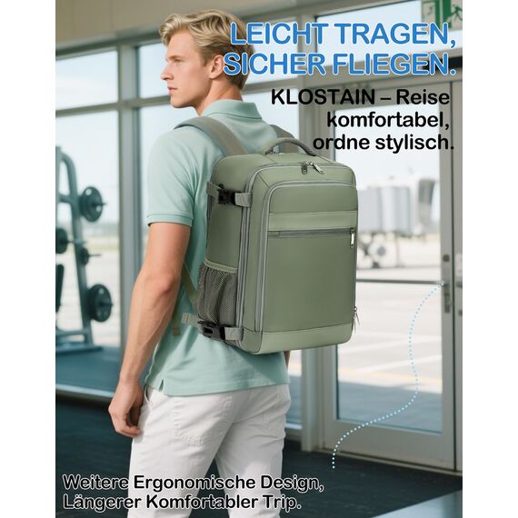 KLOSTAIN für Easyjet Handgepäck 45x36x20 Handgepäck Rucksack Reiserucksack Flugzeug Tasche 30L mit Laptop Rucksack 15.6 Zoll für Herren Damen Teenager Schulrucksack Jungen,Grün