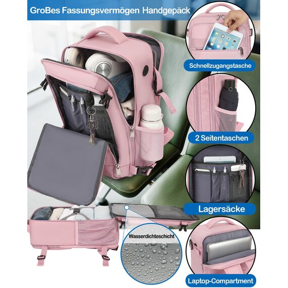 KLOSTAIN Handgepäck Rucksack 40x20x25 für Ryanair Klein Flugzeug Reiserucksack Tasche 20L Mit 14 Zoll Laptop Eurowings für Damen Herren Teenager Schulrucksack, Rosa
