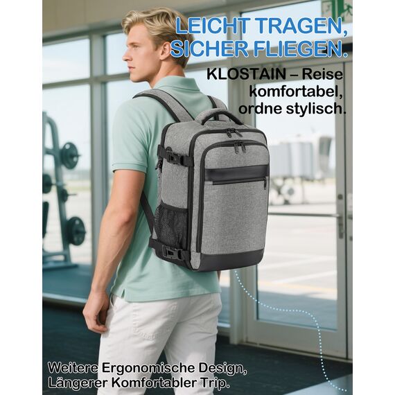 KLOSTAIN Handgepäck Rucksack 40x20x25 für Ryanair Klein Handgepäck Rucksack Flugzeug Reiserucksack Tasche 20L mit 14 Zoll Laptop Eurowings für Damen Herren Teenager Schulrucksack,Grau