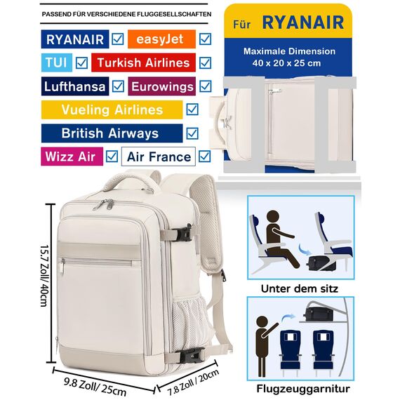 KLOSTAIN Handgepäck Rucksack 40x20x25 für Ryanair Klein Flugzeug Reiserucksack Tasche 20L Mit 14 Zoll Laptop Eurowings für Damen Herren Teenager Schulrucksack, Beige