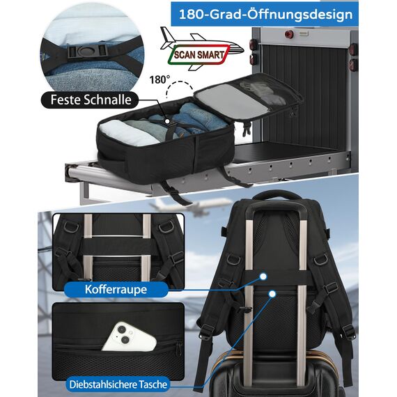 KLOSTAIN für Easyjet Handgepäck 45x36x20 Handgepäck Rucksack Reiserucksack Flugzeug Tasche 30L mit Laptop Rucksack 15.6 Zoll für Herren Damen Teenager Schulrucksack Jungen,Schwarz