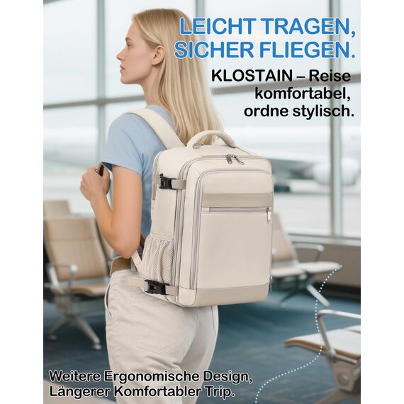 KLOSTAIN Handgepäck Rucksack 40x20x25 für Ryanair Klein Flugzeug Reiserucksack Tasche 20L Mit 14 Zoll Laptop Eurowings für Damen Herren Teenager Schulrucksack, Beige
