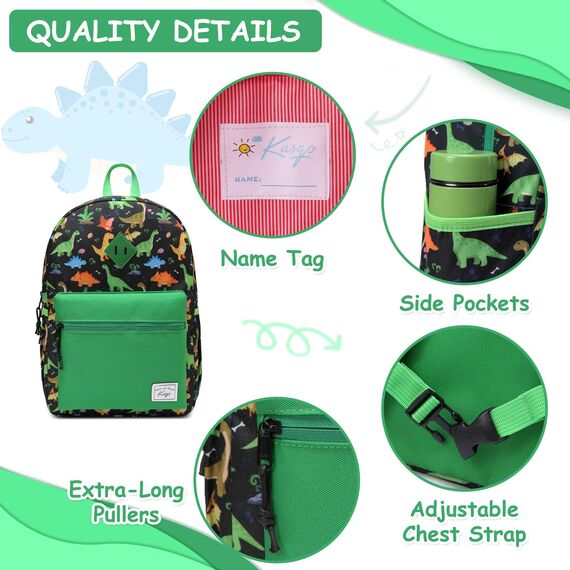 Kasgo Kinderrucksack Jungen, Niedlich Schulrucksack für 6-8 Jährige Mädchen Wasserabweisend Tagesrucksack Vorschulrucksack Kindergartentasche mit Brustgurt Dinosaurier Schwarz