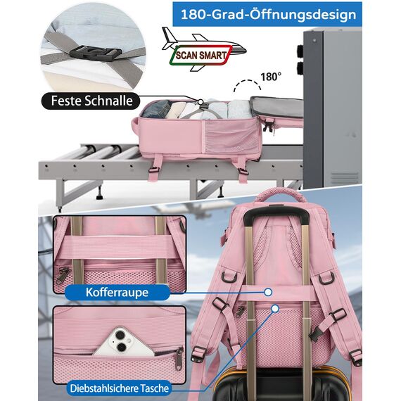 KLOSTAIN für Easyjet Handgepäck 45x36x20 Handgepäck Rucksack Reiserucksack Flugzeug Tasche 30L mit Laptop Rucksack 15.6 Zoll für Herren Damen Teenager Schulrucksack Jungen,Rosa
