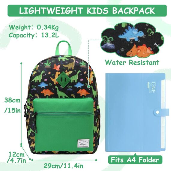 Kasgo Kinderrucksack Jungen, Niedlich Schulrucksack für 6-8 Jährige Mädchen Wasserabweisend Tagesrucksack Vorschulrucksack Kindergartentasche mit Brustgurt Dinosaurier Schwarz