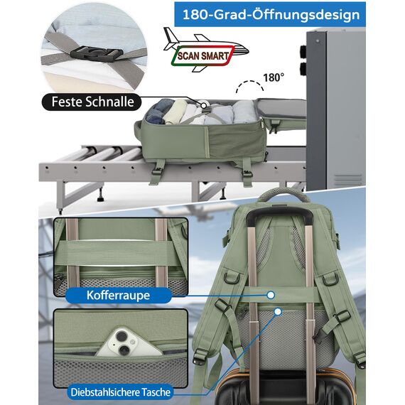 KLOSTAIN für Easyjet Handgepäck 45x36x20 Handgepäck Rucksack Reiserucksack Flugzeug Tasche 30L mit Laptop Rucksack 15.6 Zoll für Herren Damen Teenager Schulrucksack Jungen,Grün