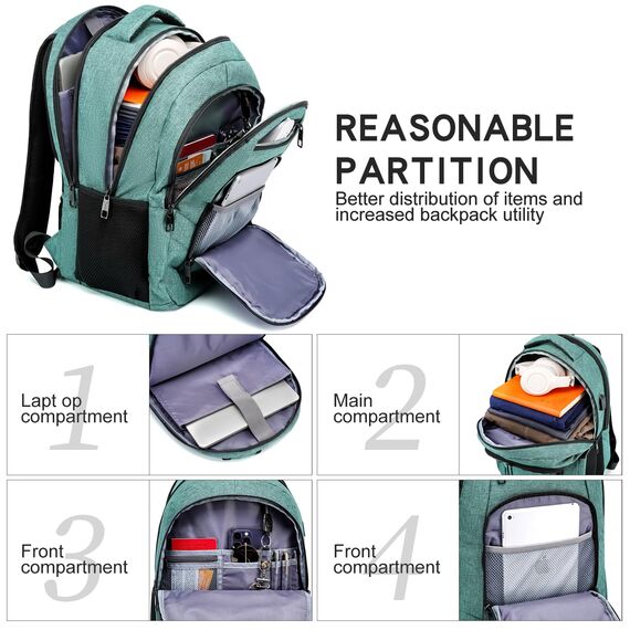 Liokesa Rucksack Herren, 15,6 Zoll Wasserdichte Schulrucksack Jungen Teenager für Schule, Arbeit Rucksack mit USB-Ladeanschluss, für Wandern Reisen, Schule, Business, Oxford,Grün