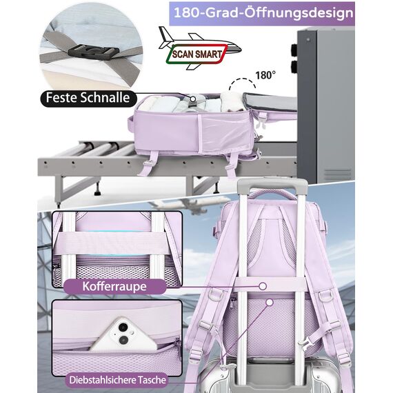KLOSTAIN für Easyjet Handgepäck 45x36x20 Handgepäck Rucksack Reiserucksack Flugzeug Tasche 30L mit Laptop Rucksack 15.6 Zoll für Herren Damen Teenager Schulrucksack Jungen,Lichtlila