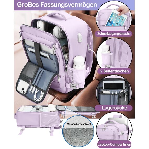 KLOSTAIN für Easyjet Handgepäck 45x36x20 Handgepäck Rucksack Reiserucksack Flugzeug Tasche 30L mit Laptop Rucksack 15.6 Zoll für Herren Damen Teenager Schulrucksack Jungen,Lichtlila