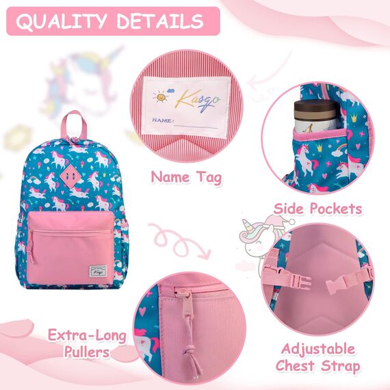 Kasgo Kinderrucksack Jungen, Niedlich Schulrucksack für 6-8 Jährige Mädchen Wasserabweisend Tagesrucksack Vorschulrucksack Kindergartentasche mit Brustgurt Blau Einhorn