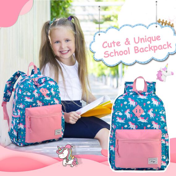 Kasgo Kinderrucksack Jungen, Niedlich Schulrucksack für 6-8 Jährige Mädchen Wasserabweisend Tagesrucksack Vorschulrucksack Kindergartentasche mit Brustgurt Blau Einhorn
