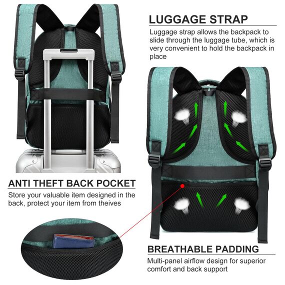 Liokesa Rucksack Herren, 15,6 Zoll Wasserdichte Schulrucksack Jungen Teenager für Schule, Arbeit Rucksack mit USB-Ladeanschluss, für Wandern Reisen, Schule, Business, Oxford,Grün