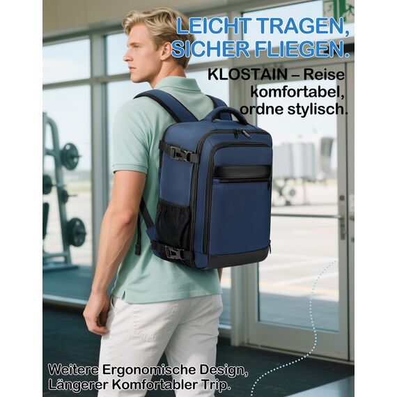 KLOSTAIN Handgepäck Rucksack 40x20x25 für Ryanair Klein Handgepäck Rucksack Flugzeug Reiserucksack Tasche 20L mit 14 Zoll Laptop Eurowings für Damen Herren Teenager Schulrucksack,Tiefblau