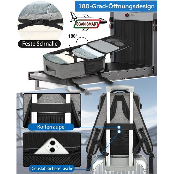 KLOSTAIN Handgepäck Rucksack 40x20x25 für Ryanair Klein Handgepäck Rucksack Flugzeug Reiserucksack Tasche 20L mit 14 Zoll Laptop Eurowings für Damen Herren Teenager Schulrucksack,Grau