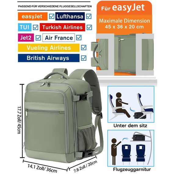 KLOSTAIN für Easyjet Handgepäck 45x36x20 Handgepäck Rucksack Reiserucksack Flugzeug Tasche 30L mit Laptop Rucksack 15.6 Zoll für Herren Damen Teenager Schulrucksack Jungen,Grün