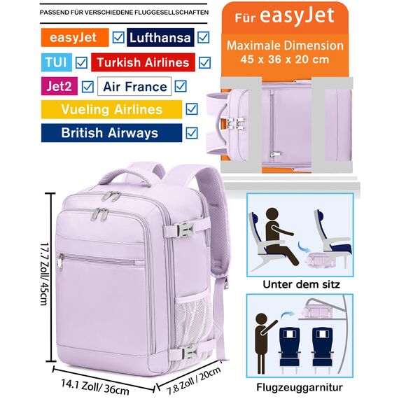 KLOSTAIN für Easyjet Handgepäck 45x36x20 Handgepäck Rucksack Reiserucksack Flugzeug Tasche 30L mit Laptop Rucksack 15.6 Zoll für Herren Damen Teenager Schulrucksack Jungen,Lichtlila