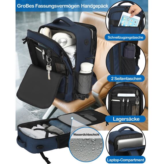 KLOSTAIN Handgepäck Rucksack 40x20x25 für Ryanair Klein Handgepäck Rucksack Flugzeug Reiserucksack Tasche 20L mit 14 Zoll Laptop Eurowings für Damen Herren Teenager Schulrucksack,Tiefblau