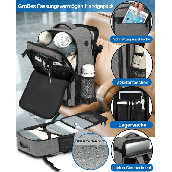 KLOSTAIN Handgepäck Rucksack 40x20x25 für Ryanair Klein Handgepäck Rucksack Flugzeug Reiserucksack Tasche 20L mit 14 Zoll Laptop Eurowings für Damen Herren Teenager Schulrucksack,Grau