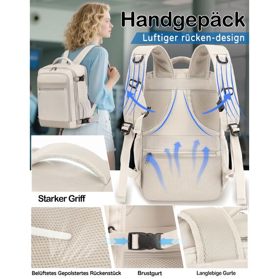 KLOSTAIN Handgepäck Rucksack 40x20x25 für Ryanair Klein Flugzeug Reiserucksack Tasche 20L Mit 14 Zoll Laptop Eurowings für Damen Herren Teenager Schulrucksack, Beige