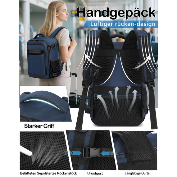 KLOSTAIN Handgepäck Rucksack 40x20x25 für Ryanair Klein Handgepäck Rucksack Flugzeug Reiserucksack Tasche 20L mit 14 Zoll Laptop Eurowings für Damen Herren Teenager Schulrucksack,Tiefblau