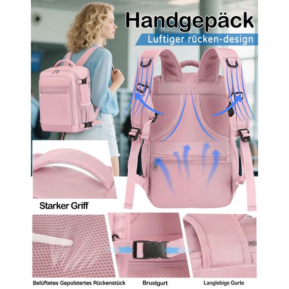 KLOSTAIN für Easyjet Handgepäck 45x36x20 Handgepäck Rucksack Reiserucksack Flugzeug Tasche 30L mit Laptop Rucksack 15.6 Zoll für Herren Damen Teenager Schulrucksack Jungen,Rosa