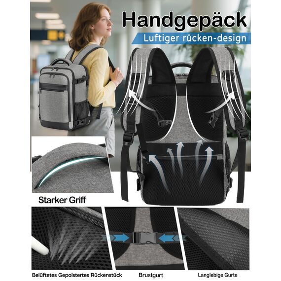 KLOSTAIN Handgepäck Rucksack 40x20x25 für Ryanair Klein Handgepäck Rucksack Flugzeug Reiserucksack Tasche 20L mit 14 Zoll Laptop Eurowings für Damen Herren Teenager Schulrucksack,Grau