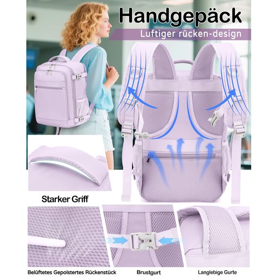 KLOSTAIN für Easyjet Handgepäck 45x36x20 Handgepäck Rucksack Reiserucksack Flugzeug Tasche 30L mit Laptop Rucksack 15.6 Zoll für Herren Damen Teenager Schulrucksack Jungen,Lichtlila