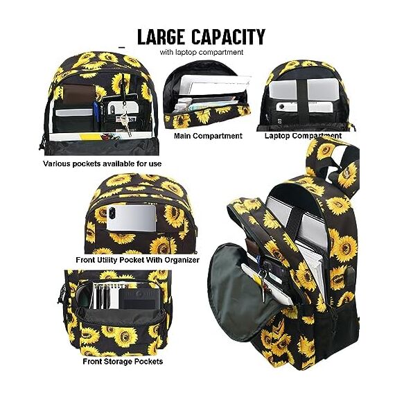 KEOFID Laptop Rucksack für Herren Damen, Großer Schulrucksack für Jungen, Mädchen und Teenager, Anti-Diebstahl Computer Rucksack, 15,6 Zoll Laptop, Handgepäck Rucksack(Sonnenblumen)
