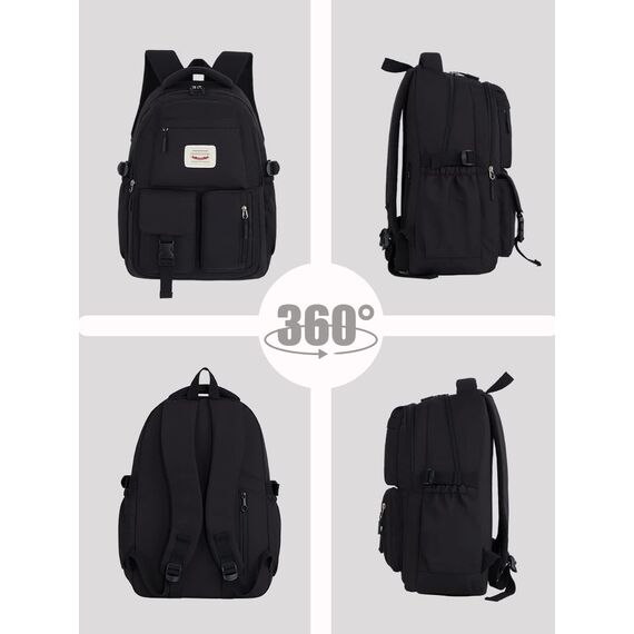 FIORETTO schulrucksack Teenager Mädchen Damen Schulranzen Schultasche School Bag Rucksack Schule 14" Laptopfach, Wasserabweisend & Leicht Schwarz